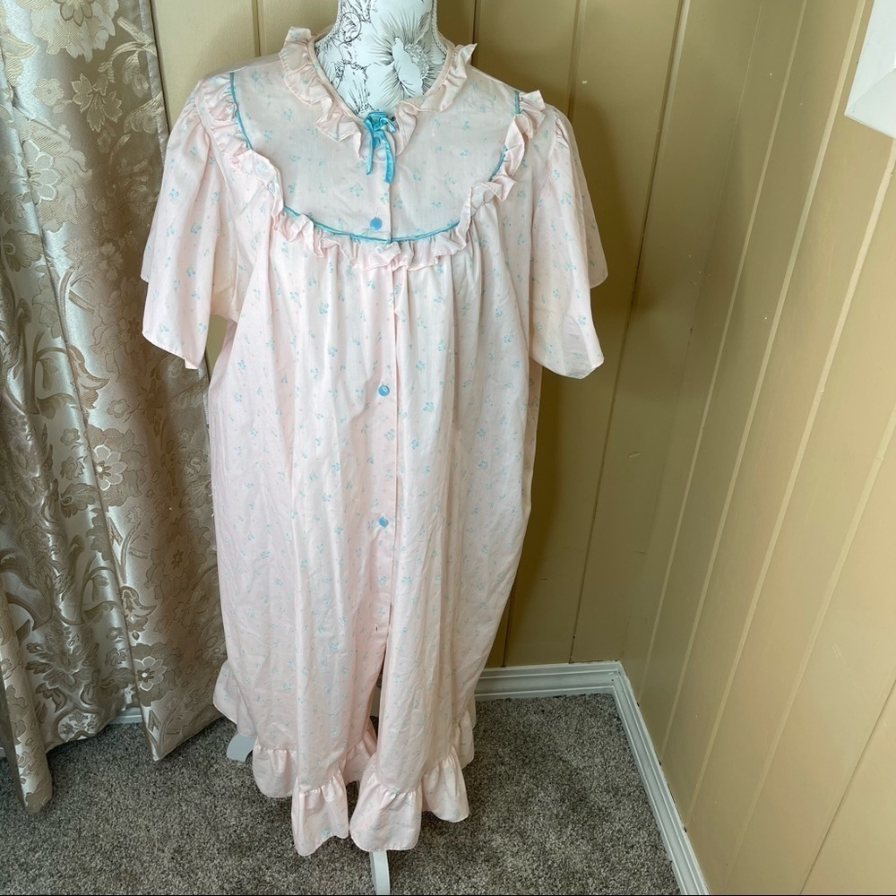 Vintage Ballet Lingerie Pastel Pink Gown 44 Large Teal Buttons Floral Pattern